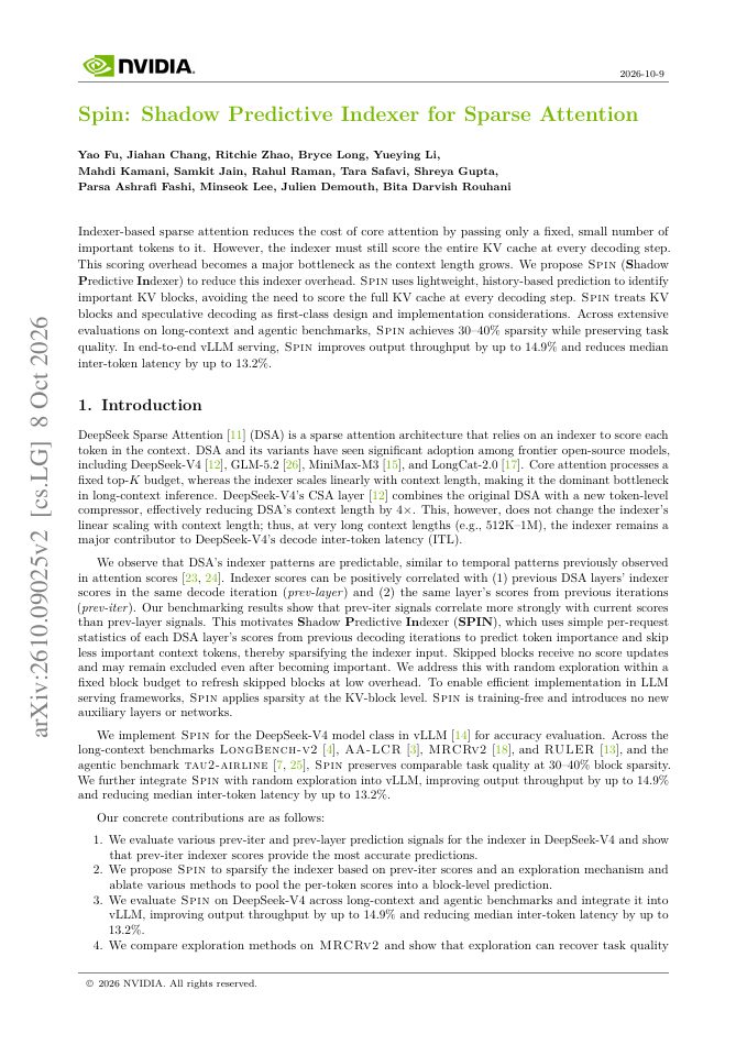 First page of SPIN: Shadow Predictive Indexer for Sparse Attention
