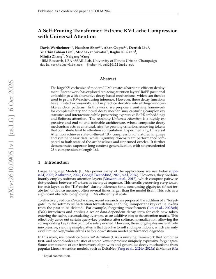First page of A Self-Pruning Transformer: Extreme KV-Cache Compression with Universal Attention