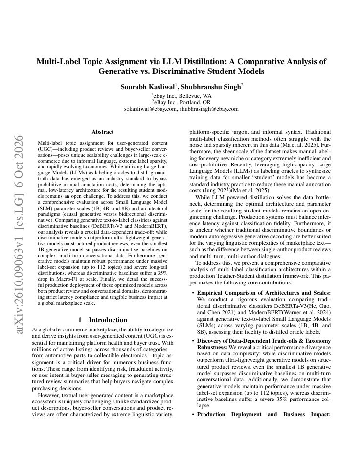 First page of Multi-Label Topic Assignment via LLM Distillation: A Comparative Analysis of Generative vs. Discriminative Student Models