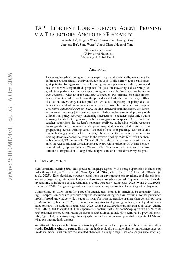 First page of TAP: Efficient Long-Horizon Agent Pruning via Trajectory-Anchored Recovery