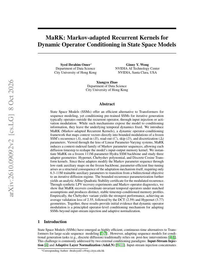 First page of MaRK: Markov-adapted Recurrent Kernels for Dynamic Operator Conditioning in State Space Models