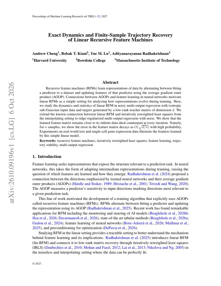 First page of Exact Dynamics and Finite-Sample Trajectory Recovery of Linear Recursive Feature Machines