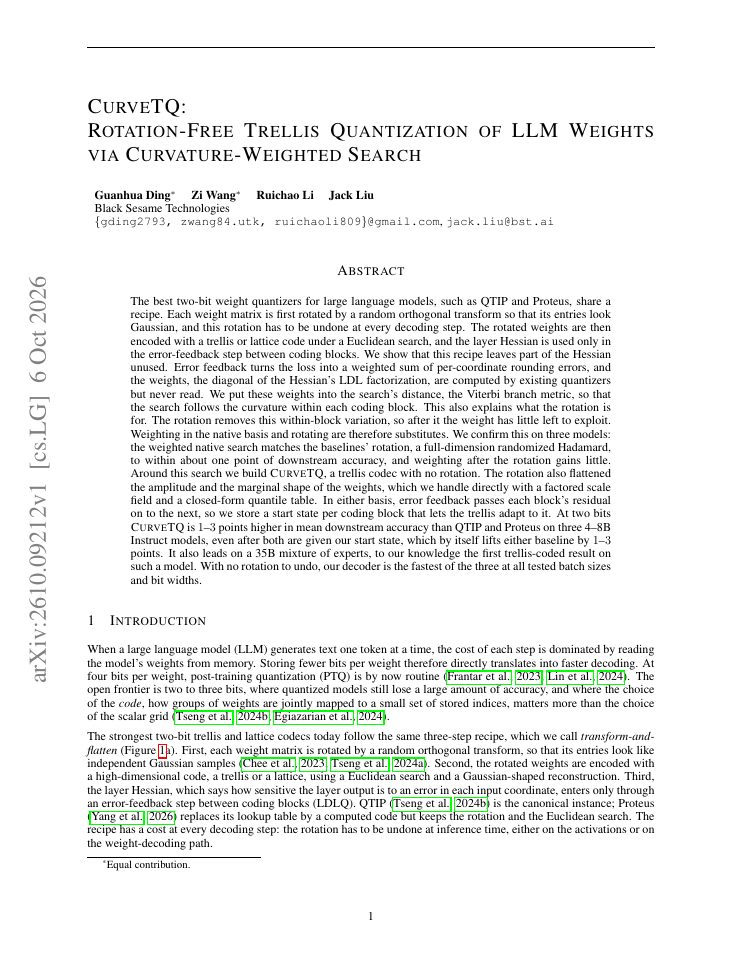 First page of CurveTQ: Rotation-Free Trellis Quantization of LLM Weights via Curvature-Weighted Search
