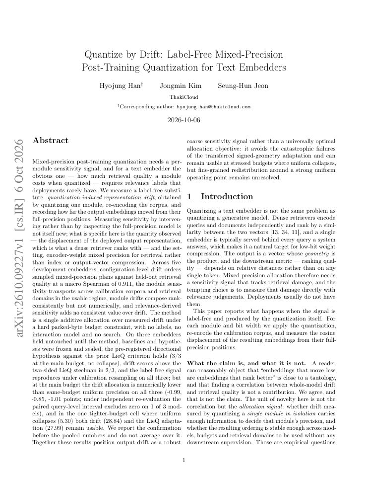First page of Quantize by Drift: Label-Free Mixed-Precision Post-Training Quantization for Text Embedders