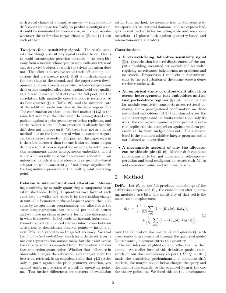 Page 2 of Quantize by Drift: Label-Free Mixed-Precision Post-Training Quantization for Text Embedders