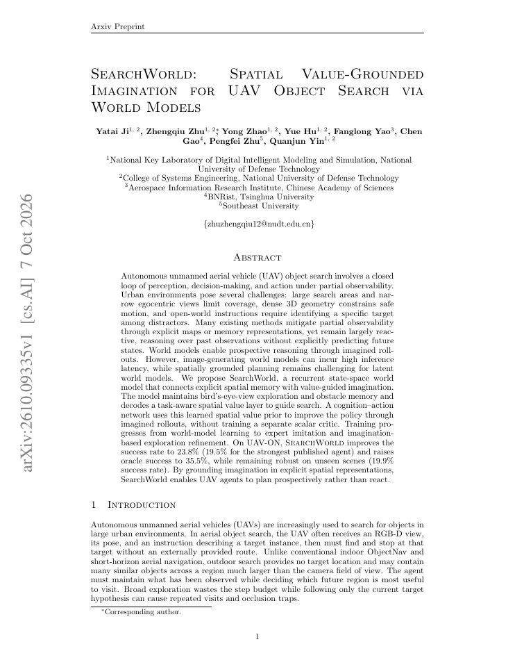 First page of SearchWorld: Spatial Value-Grounded Imagination for UAV Object Search via World Models