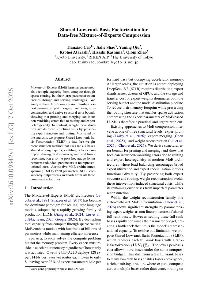 First page of Shared Low-rank Basis Factorization for Data-free Mixture-of-Experts Compression