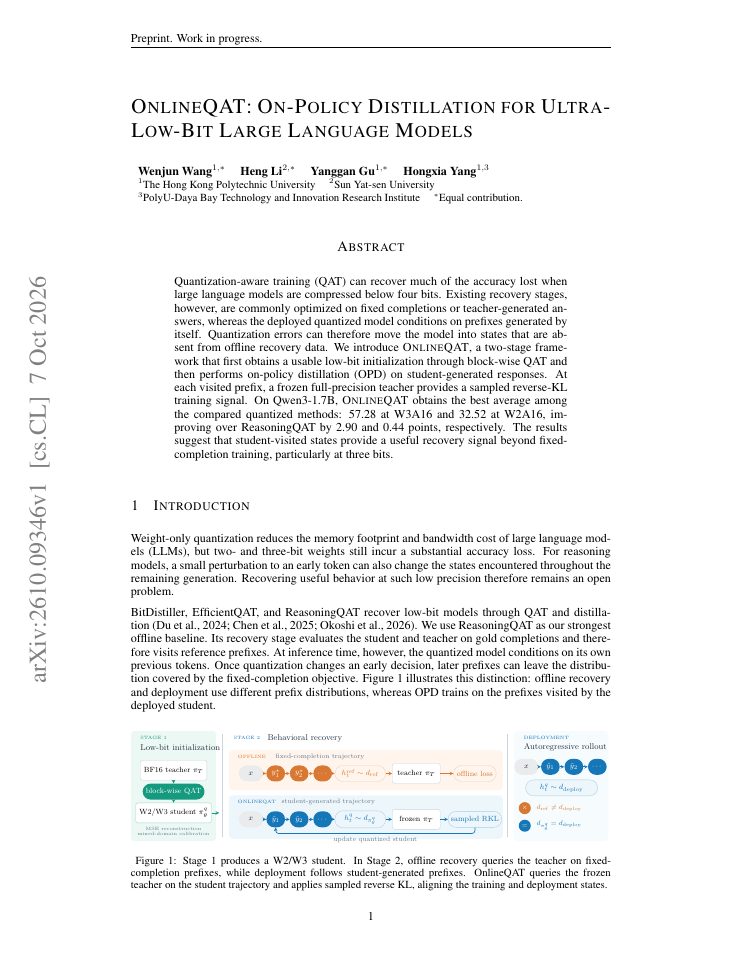 First page of OnlineQAT: On-Policy Distillation for Ultra-Low-Bit Large Language Models