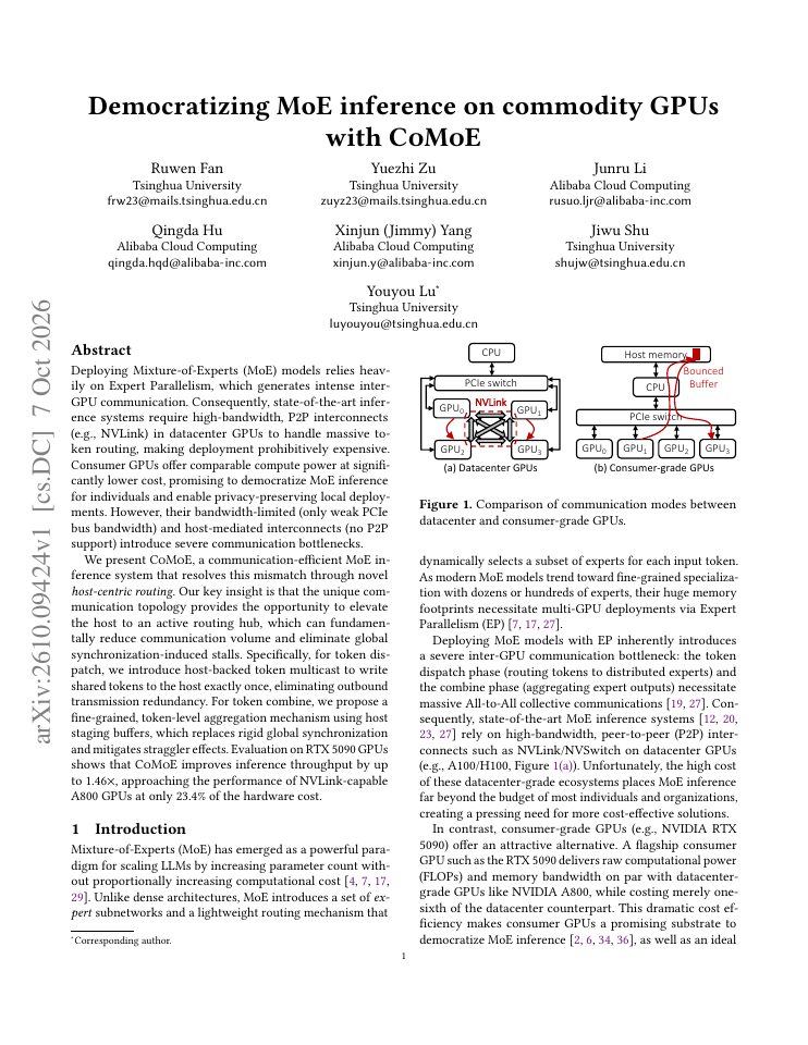 First page of Democratizing MoE inference on commodity GPUs with CoMoE
