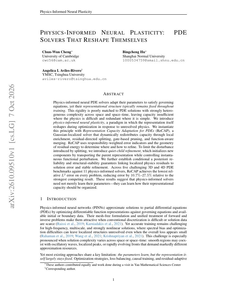First page of Physics-Informed Neural Plasticity: PDE Solvers That Reshape Themselves