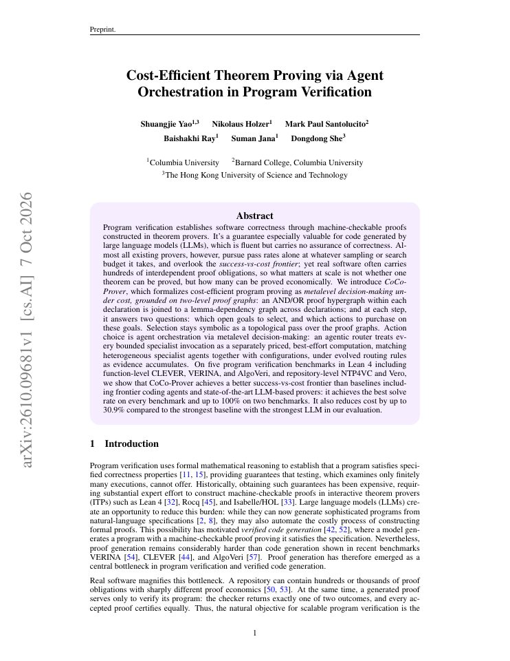 First page of Cost-Efficient Theorem Proving via Agent Orchestration in Program Verification