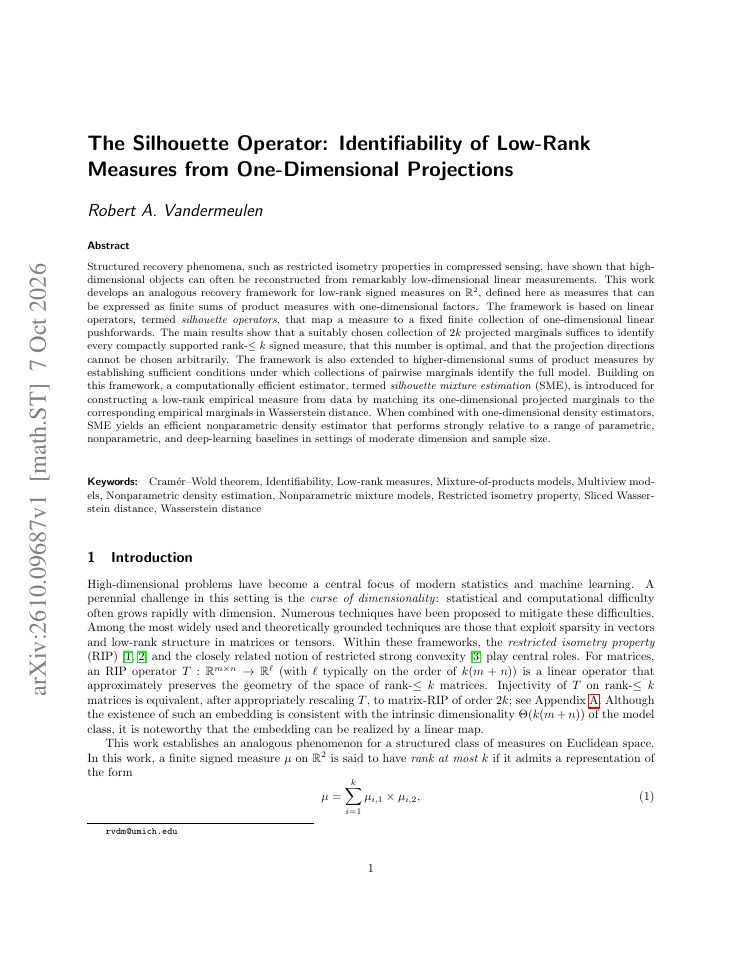 First page of The Silhouette Operator: Identifiability of Low-Rank Measures from One-Dimensional Projections
