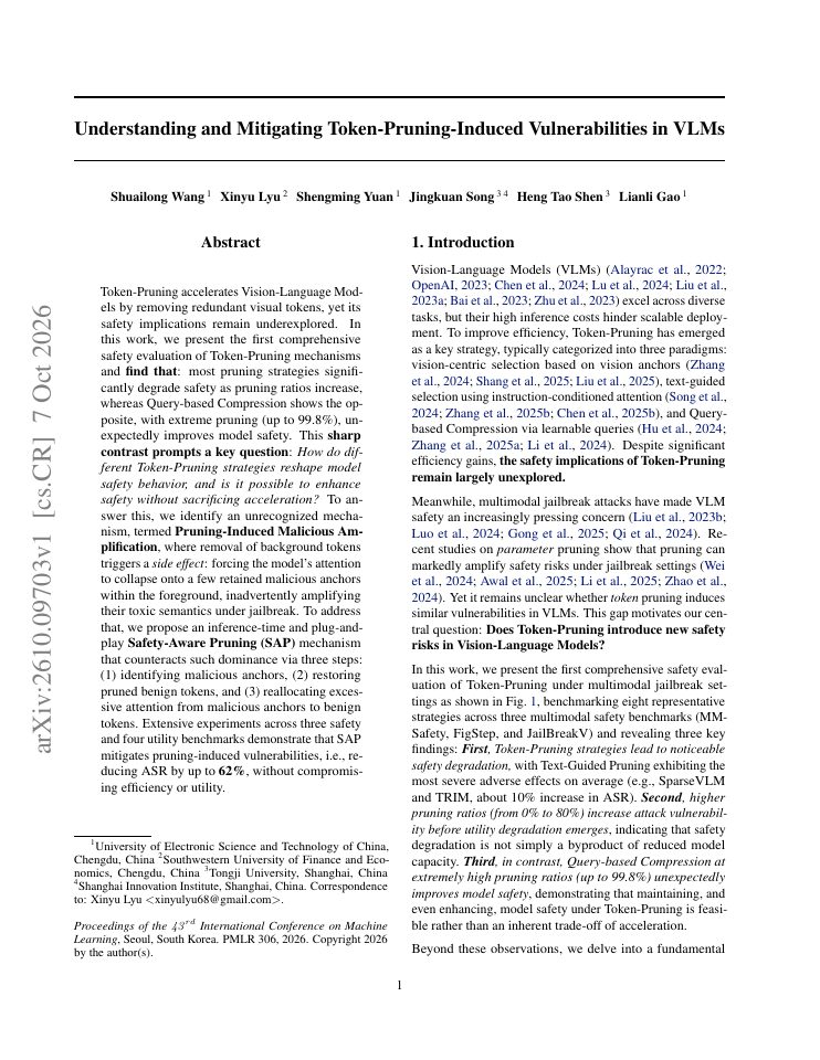First page of Understanding and Mitigating Token-Pruning-Induced Vulnerabilities in VLMs