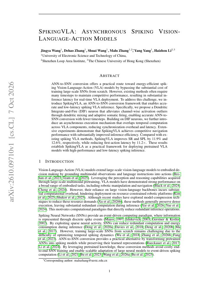 First page of SpikingVLA: Asynchronous Spiking Vision-Language-Action Models