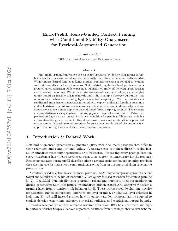 First page of EntroPrefill: Renyi-Guided Context Pruning with Conditional Stability Guarantees for Retrieval-Augmented Generation