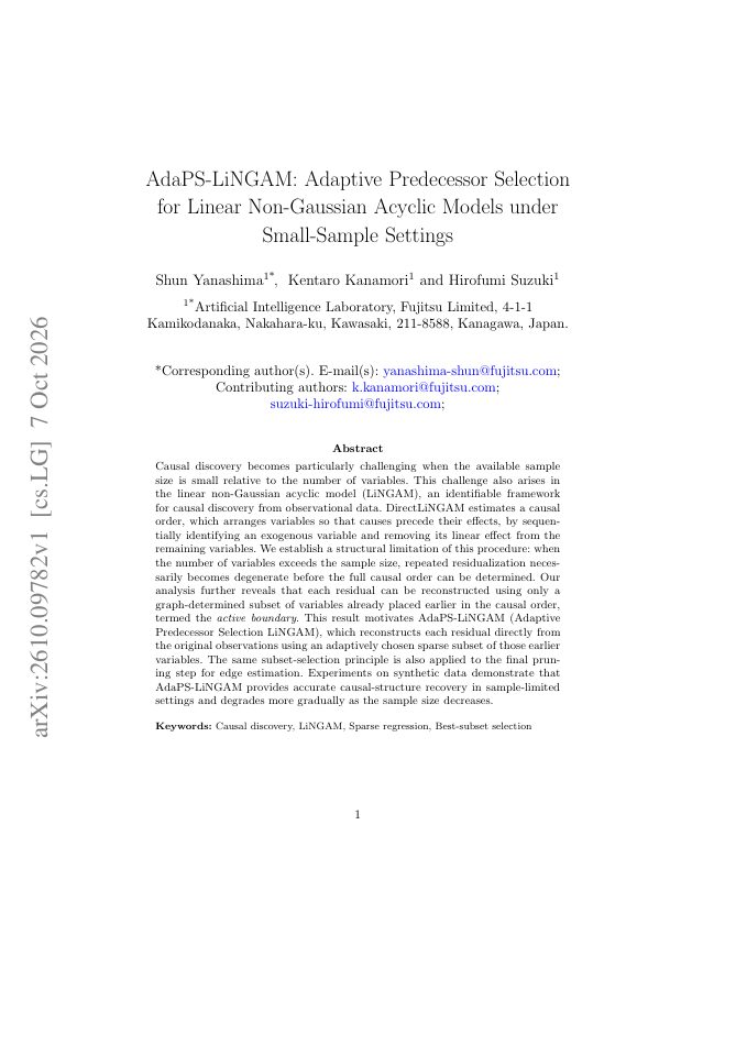 First page of AdaPS-LiNGAM: Adaptive Predecessor Selection for Linear Non-Gaussian Acyclic Models under Small-Sample Settings
