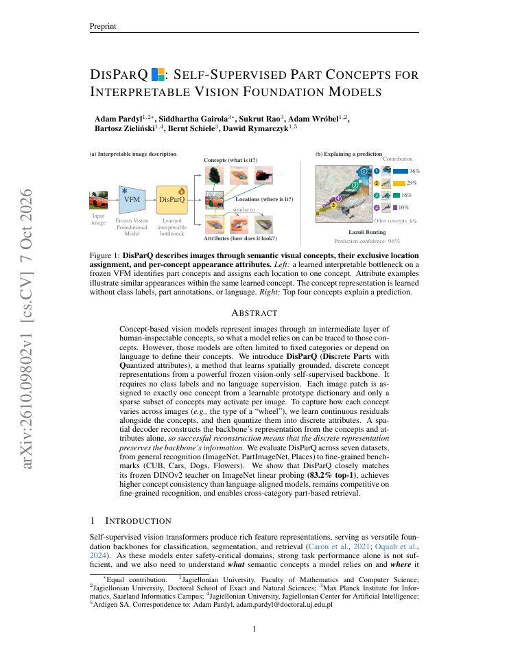First page of DisParQ: Self-Supervised Part Concepts for Interpretable Vision Foundation Models