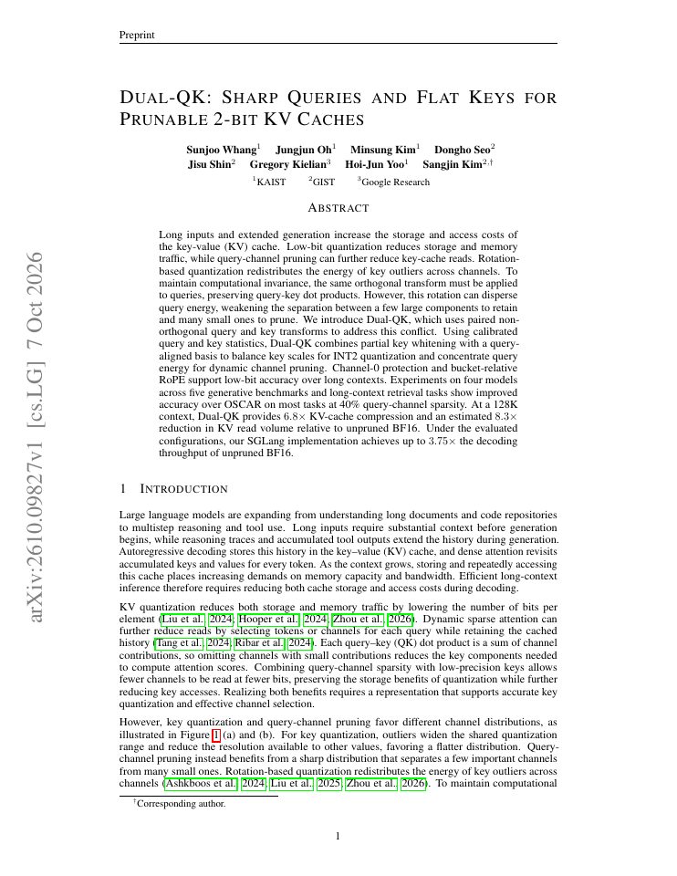 First page of Dual-QK: Sharp Queries and Flat Keys for Prunable 2-bit KV Caches