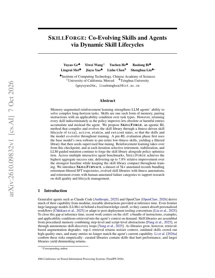 First page of SkillForge: Co-Evolving Skills and Agents via Dynamic Skill Lifecycles