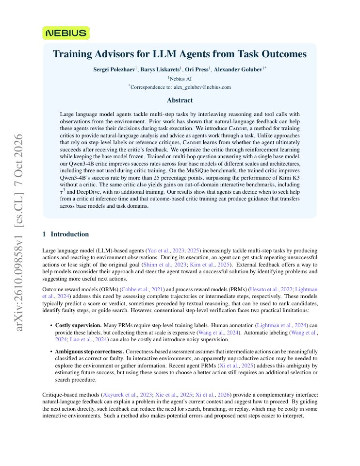 First page of Training Advisors for LLM Agents from Task Outcomes