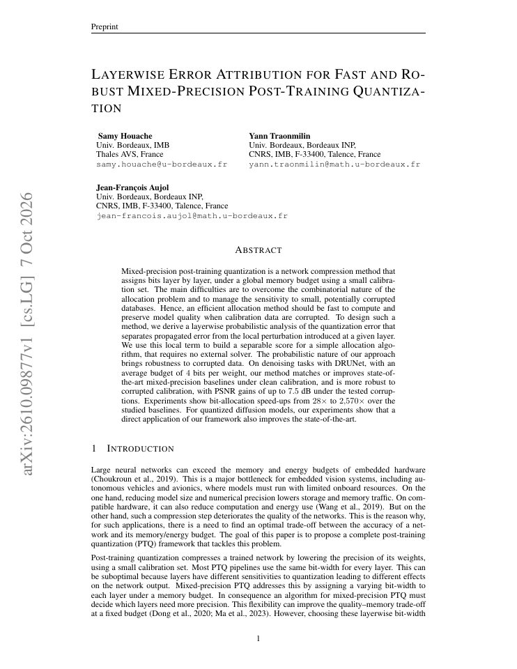 First page of Layerwise Error Attribution for Fast and Robust Mixed-Precision Post-Training Quantization