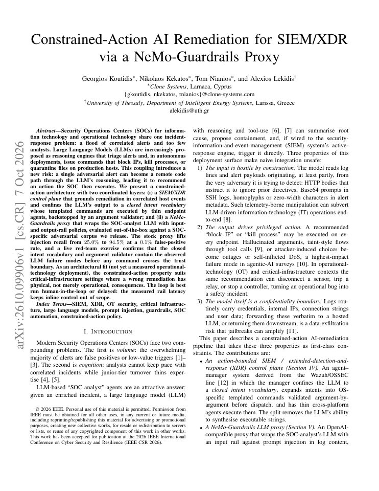 First page of Constrained-Action AI Remediation for SIEM/XDR via a NeMo-Guardrails Proxy