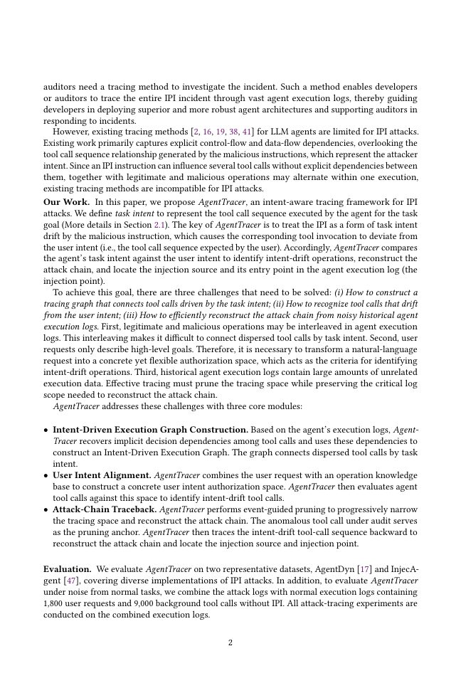 Page 2 of AgentTracer: Tracing Indirect Prompt Injection Attack through Fine-Grained Intention-Execution Alignment