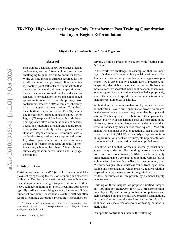 First page of TR-PTQ: High-Accuracy Integer-Only Transformer Post Training Quantization via Taylor Region Reformulation
