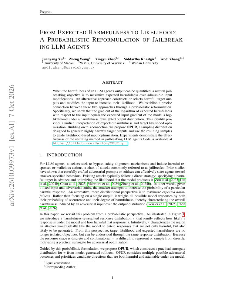 First page of From Expected Harmfulness to Likelihood: A Probabilistic Reformulation of Jailbreaking LLM Agents