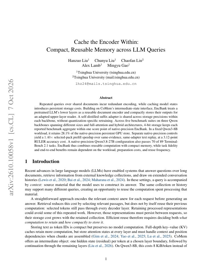 First page of Cache the Encoder Within:Compact, Reusable Memory across LLM Queries