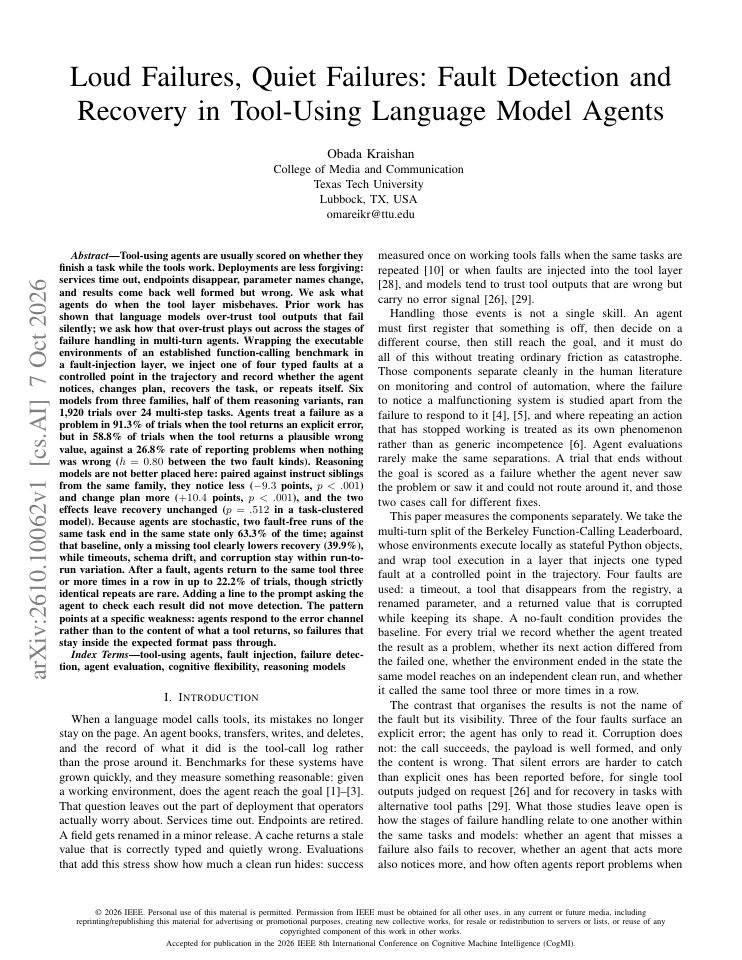 First page of Loud Failures, Quiet Failures: Fault Detection and Recovery in Tool-Using Language Model Agents