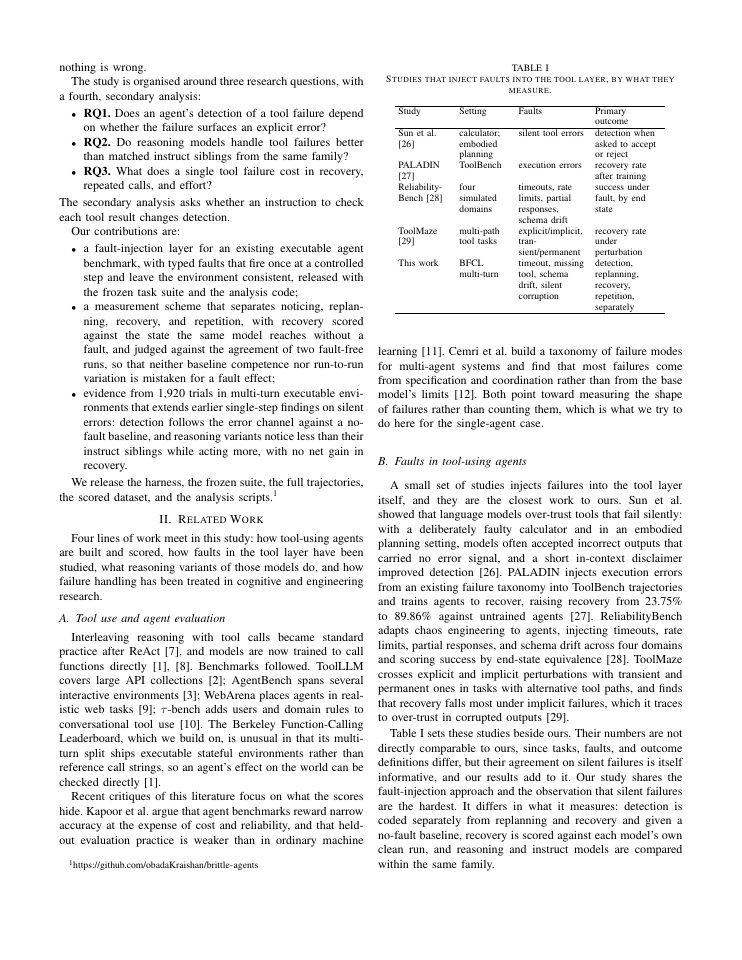 Page 2 of Loud Failures, Quiet Failures: Fault Detection and Recovery in Tool-Using Language Model Agents