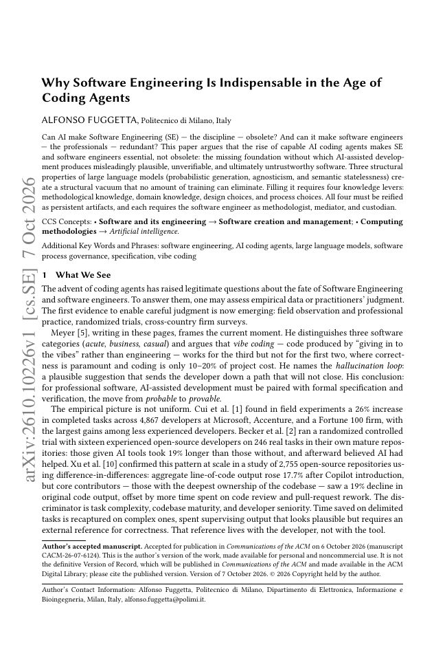 First page of Why Software Engineering Is Indispensable in the Age of Coding Agents