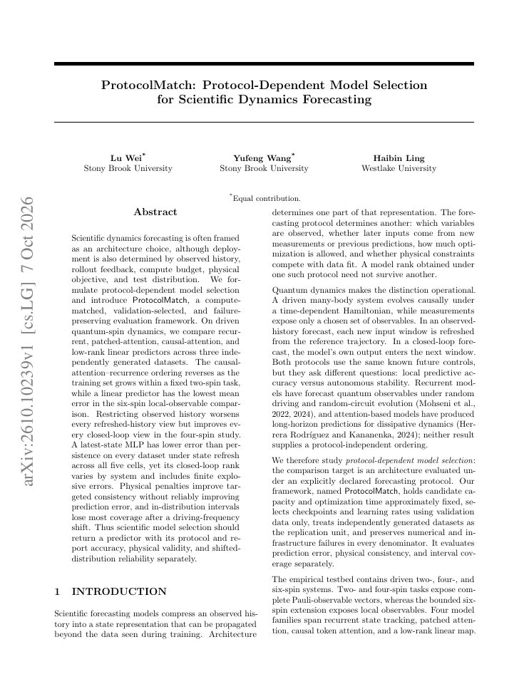 First page of ProtocolMatch: Protocol-Dependent Model Selection for Scientific Dynamics Forecasting