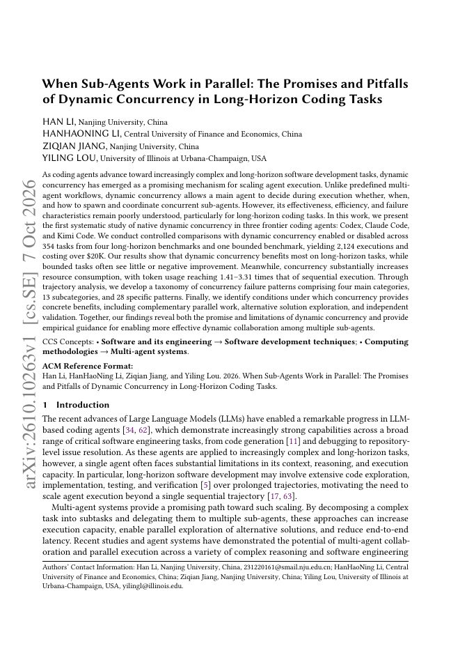 First page of When Sub-Agents Work in Parallel: The Promises and Pitfalls of Dynamic Concurrency in Long-Horizon Coding Tasks