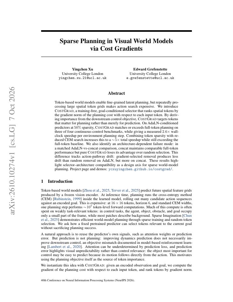 First page of Sparse Planning in Visual World Models via Cost Gradients