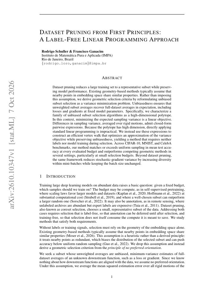 First page of Dataset Pruning from First Principles: A Label-Free Linear Programming Approach
