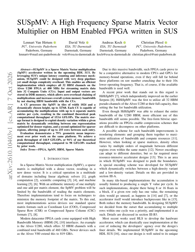 First page of SUSpMV: A High Frequency Sparse Matrix Vector Multiplier on HBM Enabled FPGA written in SUS