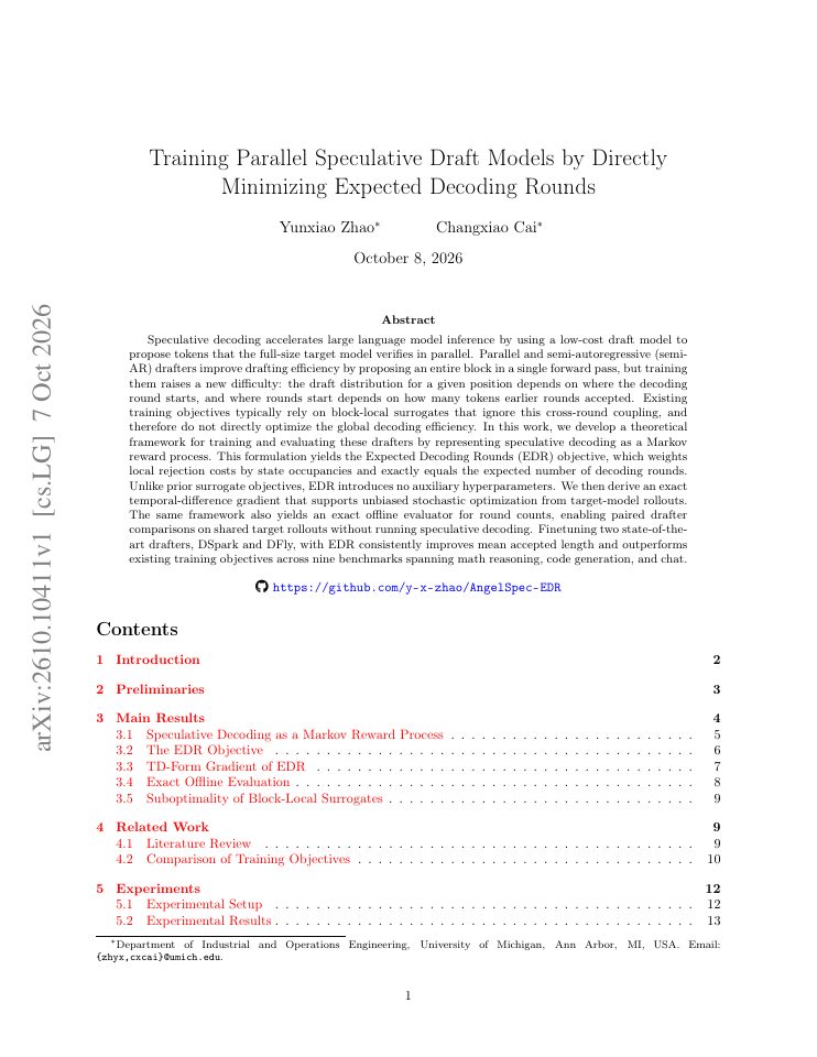 First page of Training Parallel Speculative Draft Models by Directly Minimizing Expected Decoding Rounds