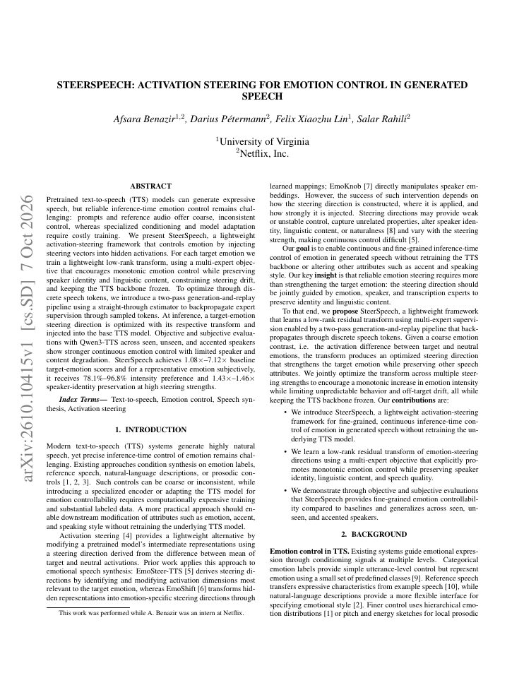 First page of Steerspeech: Activation Steering For Emotion Control In Generated Speech