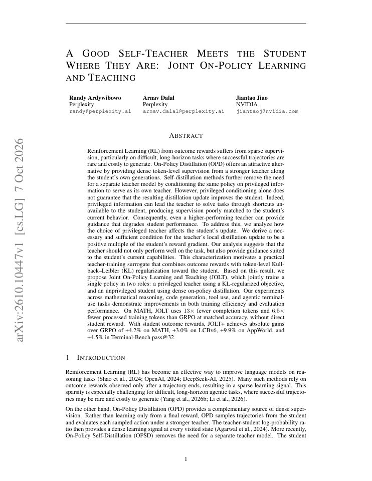 First page of A Good Self-Teacher Meets the Student Where They Are: Joint On-Policy Learning and Teaching