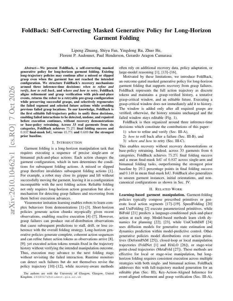 First page of FoldBack: Self-Correcting Masked Generative Policy for Long-Horizon Garment Folding