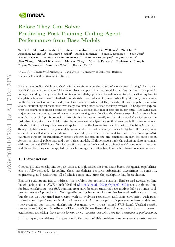 First page of Before They Can Solve: Predicting Post-Training Coding-Agent Performance from Base Models