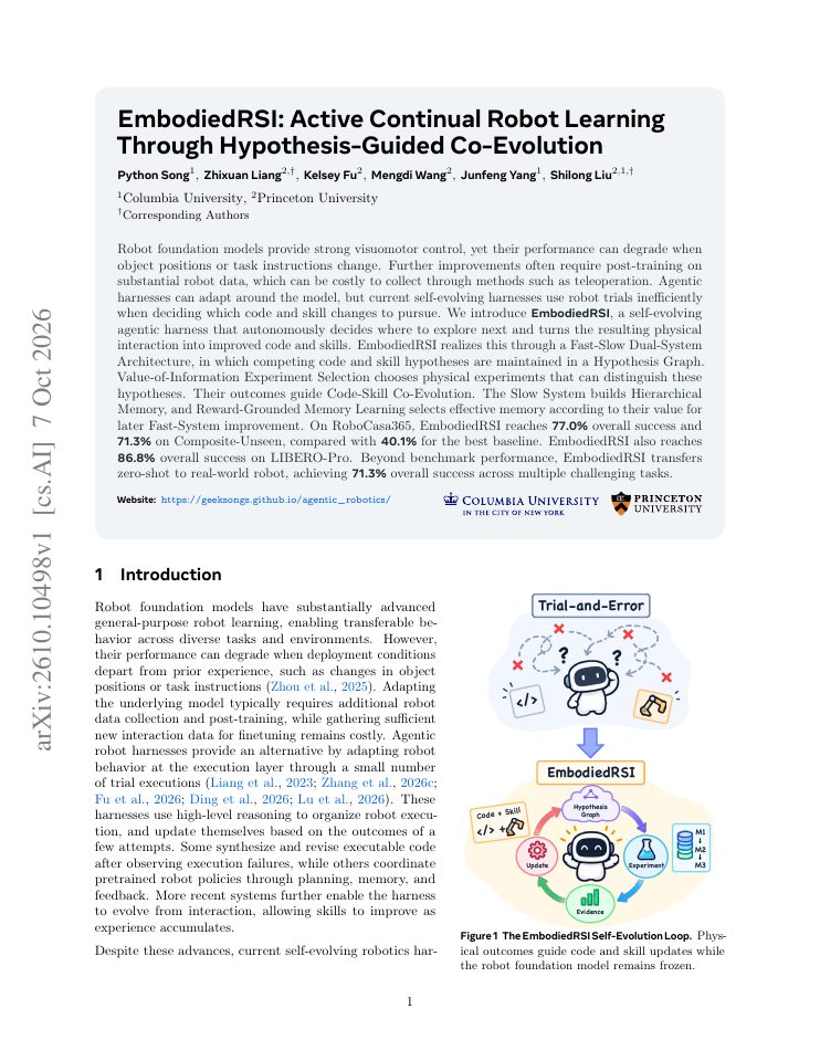 First page of EmbodiedRSI: Active Continual Robot Learning Through Hypothesis-Guided Co-Evolution