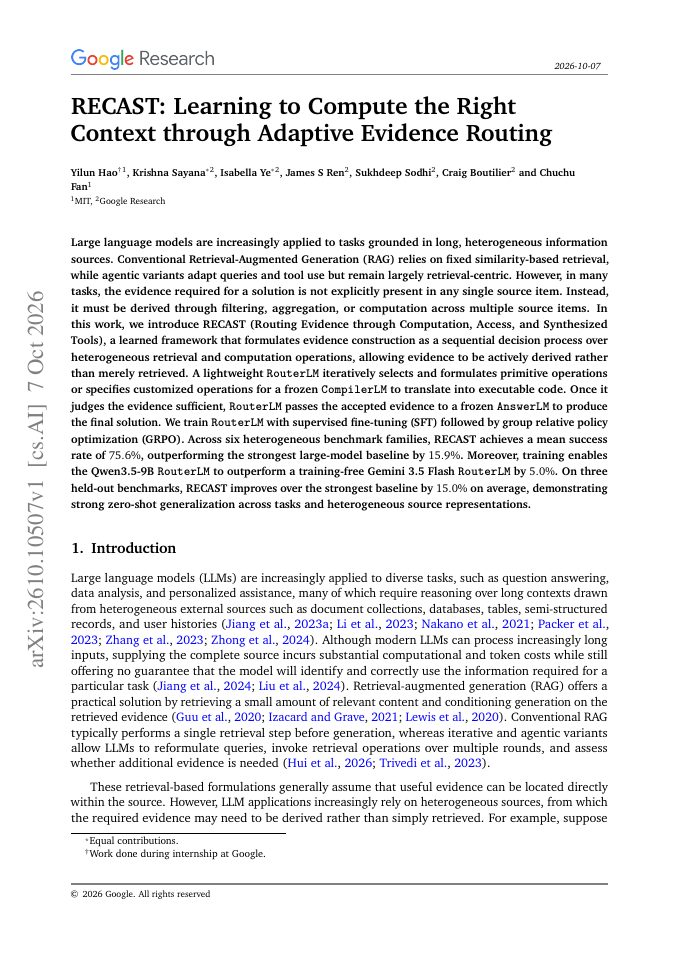 First page of RECAST: Learning to Compute the Right Context through Adaptive Evidence Routing