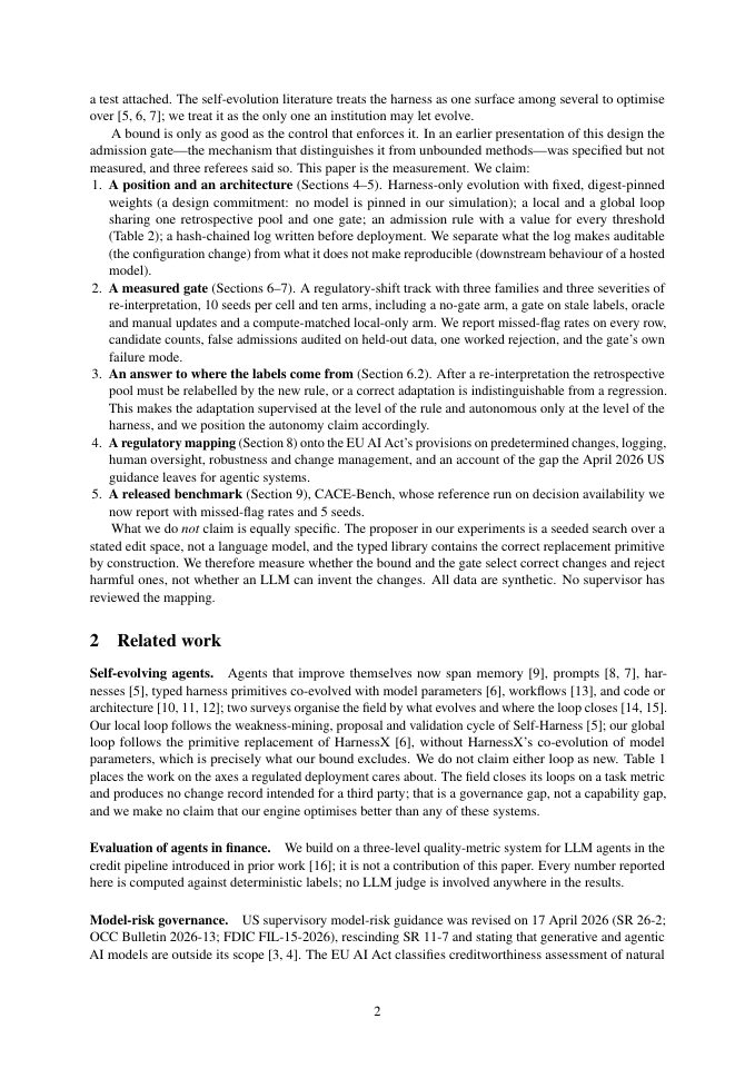 Page 2 of The Harness as the Only Mutable Surface: Compliance-Bounded Self-Evolution of LLM Agents in Credit Pipelines, with a Measured Admission Gate
