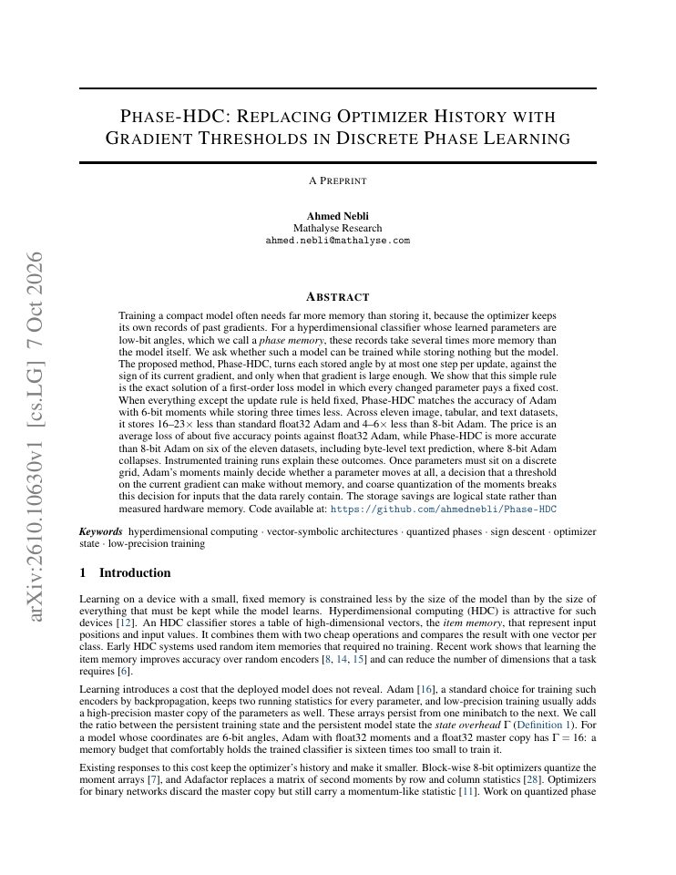 First page of Phase-HDC: Replacing Optimizer History with Gradient Thresholds in Discrete Phase Learning