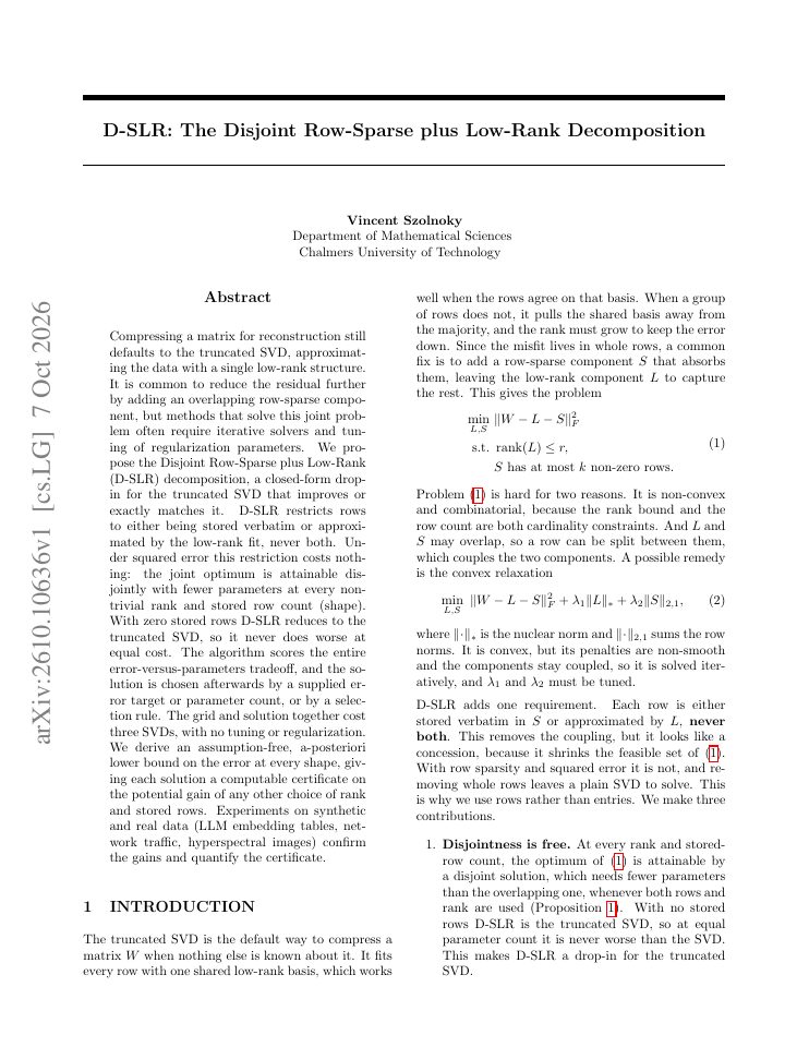 First page of D-SLR: The Disjoint Row-Sparse plus Low-Rank Decomposition