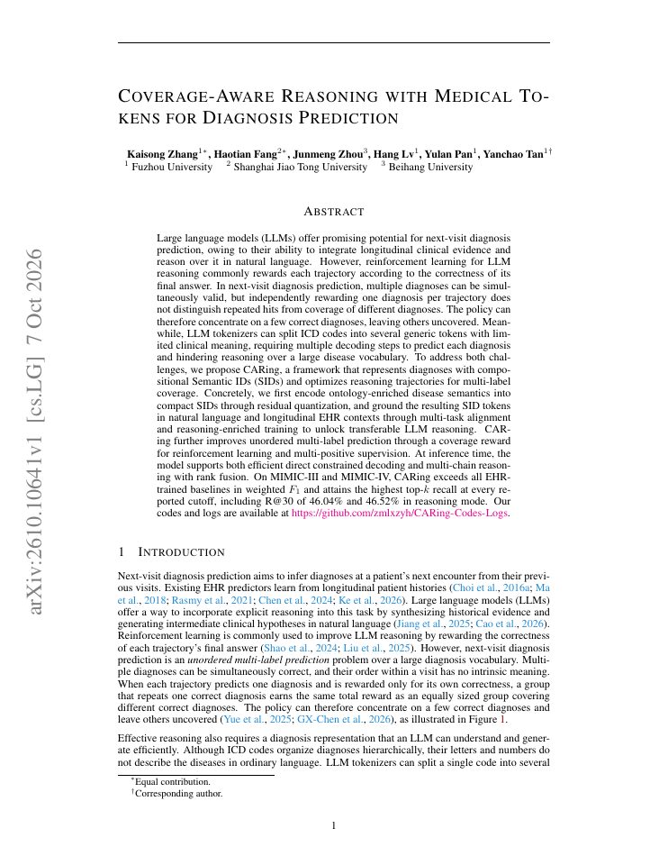First page of Coverage-Aware Reasoning with Medical Tokens for Diagnosis Prediction