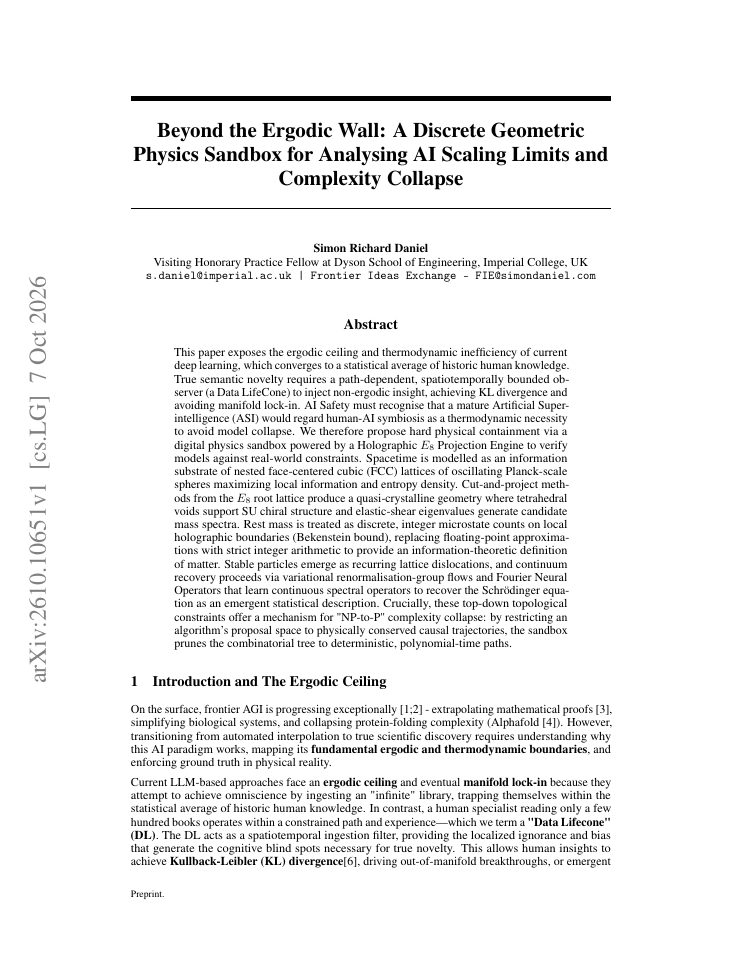 First page of Beyond the Ergodic Wall: A Discrete Geometric Physics Sandbox for Analysing AI Scaling Limits and Complexity Collapse